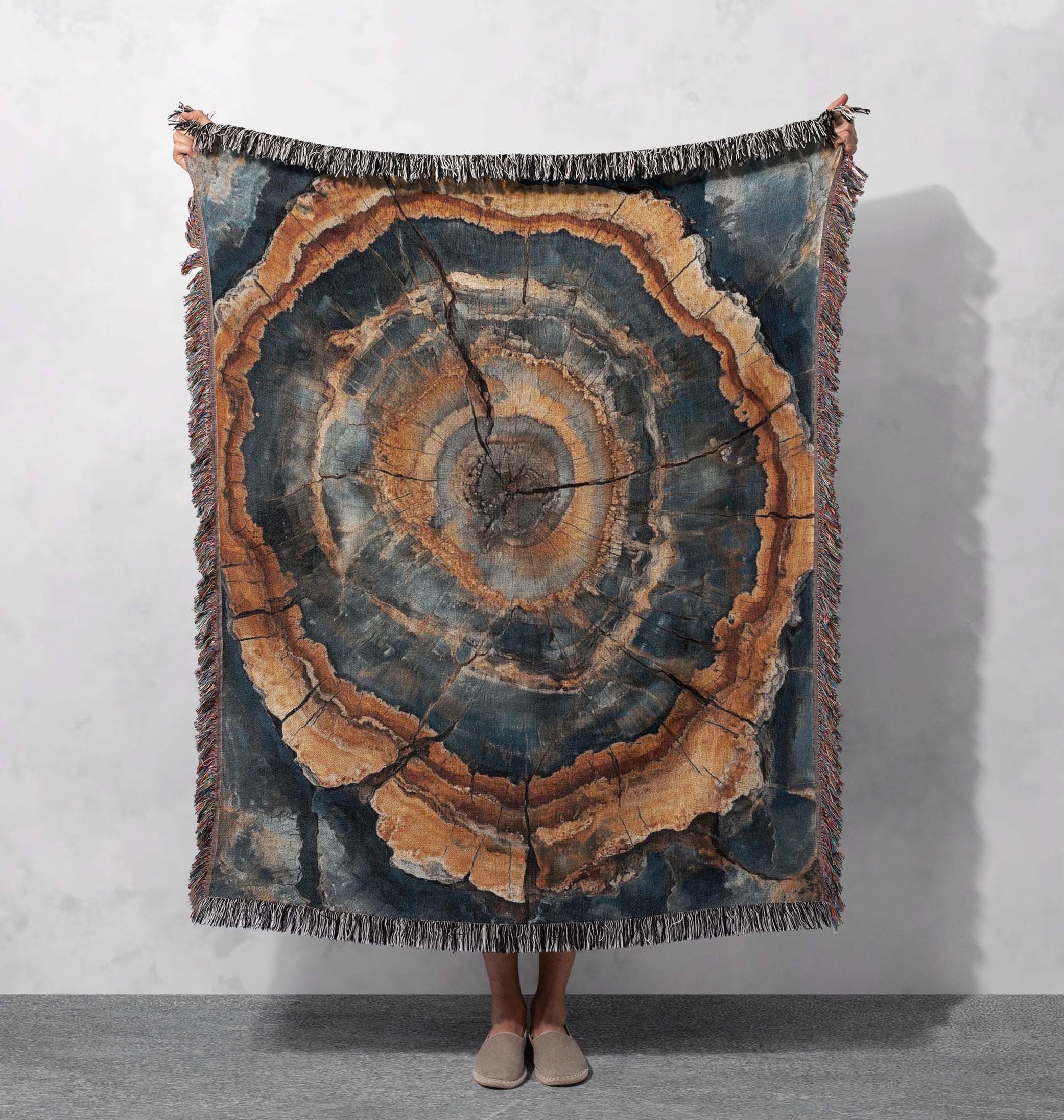 petrified wood woven blanket nature inspired tree ring art cottagecore tapestry