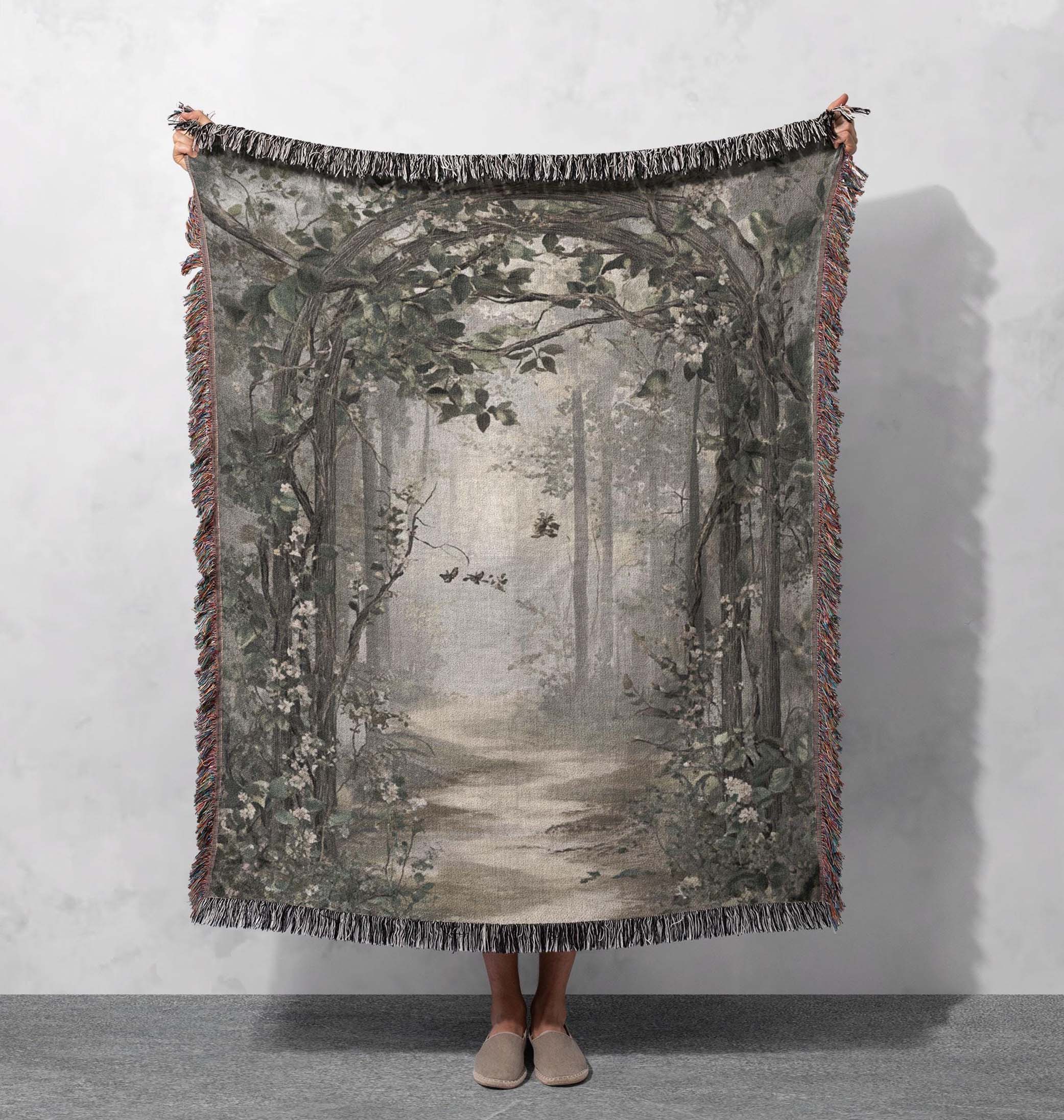 serene forest path woven blanket with gentle trees and misty background cottagecore tapestry