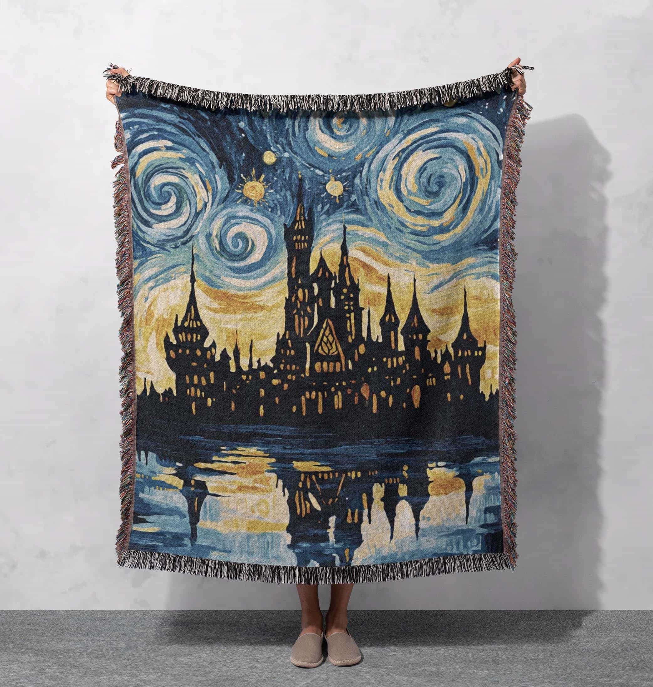 starry night castle woven blanket with artistic design cozy and decorative throw cottagecore tapestry