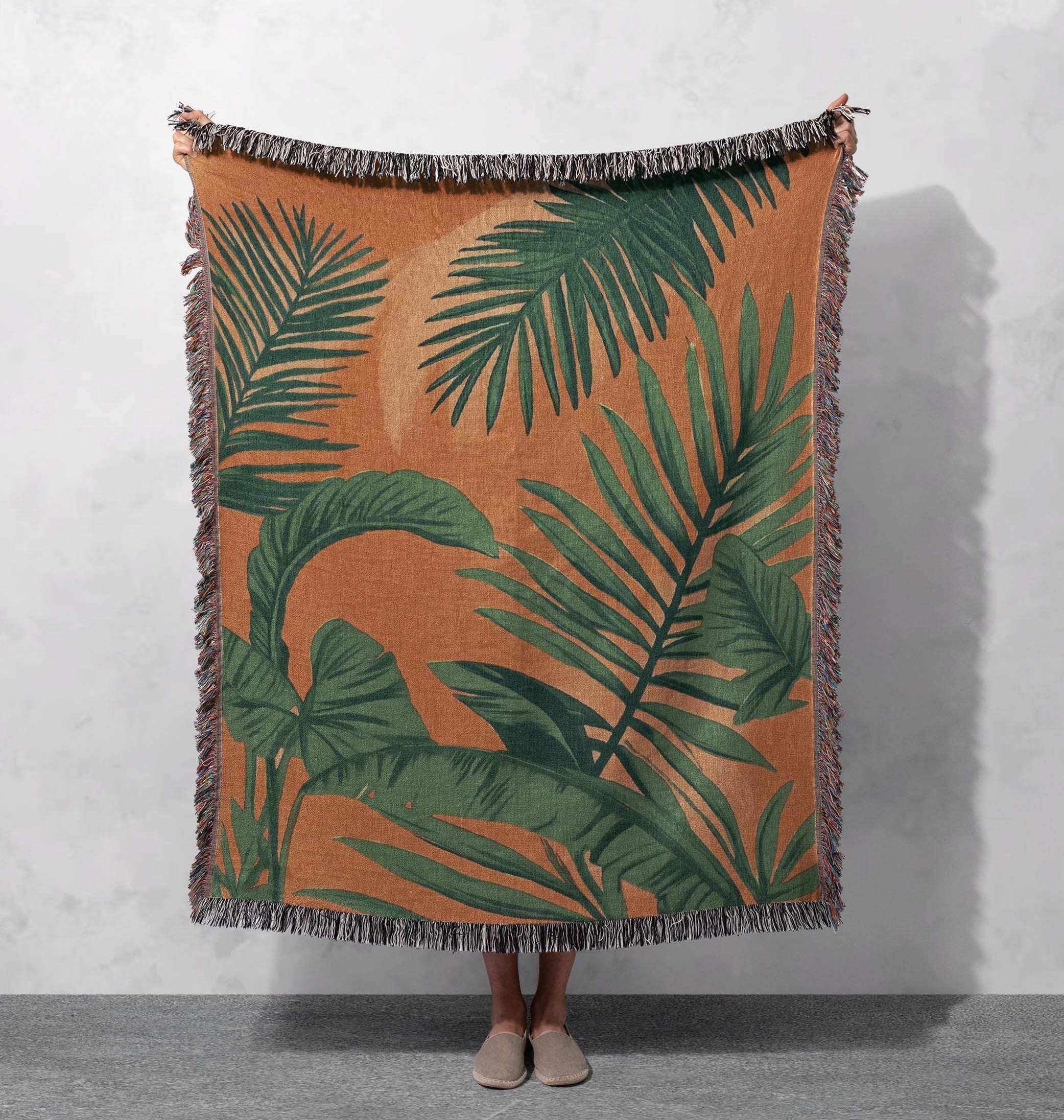 tropical palm leaf woven blanket bohemian nature inspired home decor cottagecore tapestry