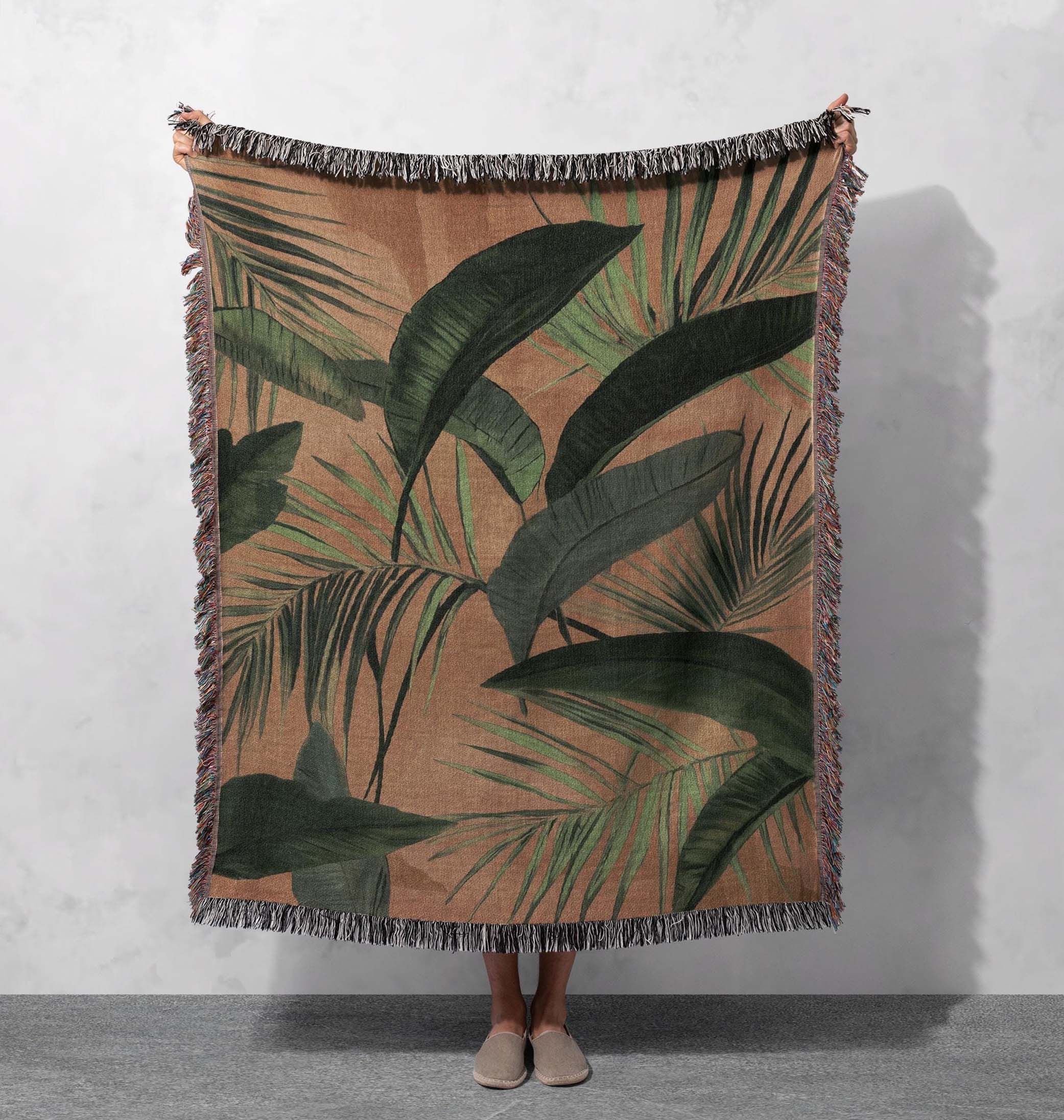 tropical palm leaf woven blanket nature inspired home decor throw cottagecore tapestry