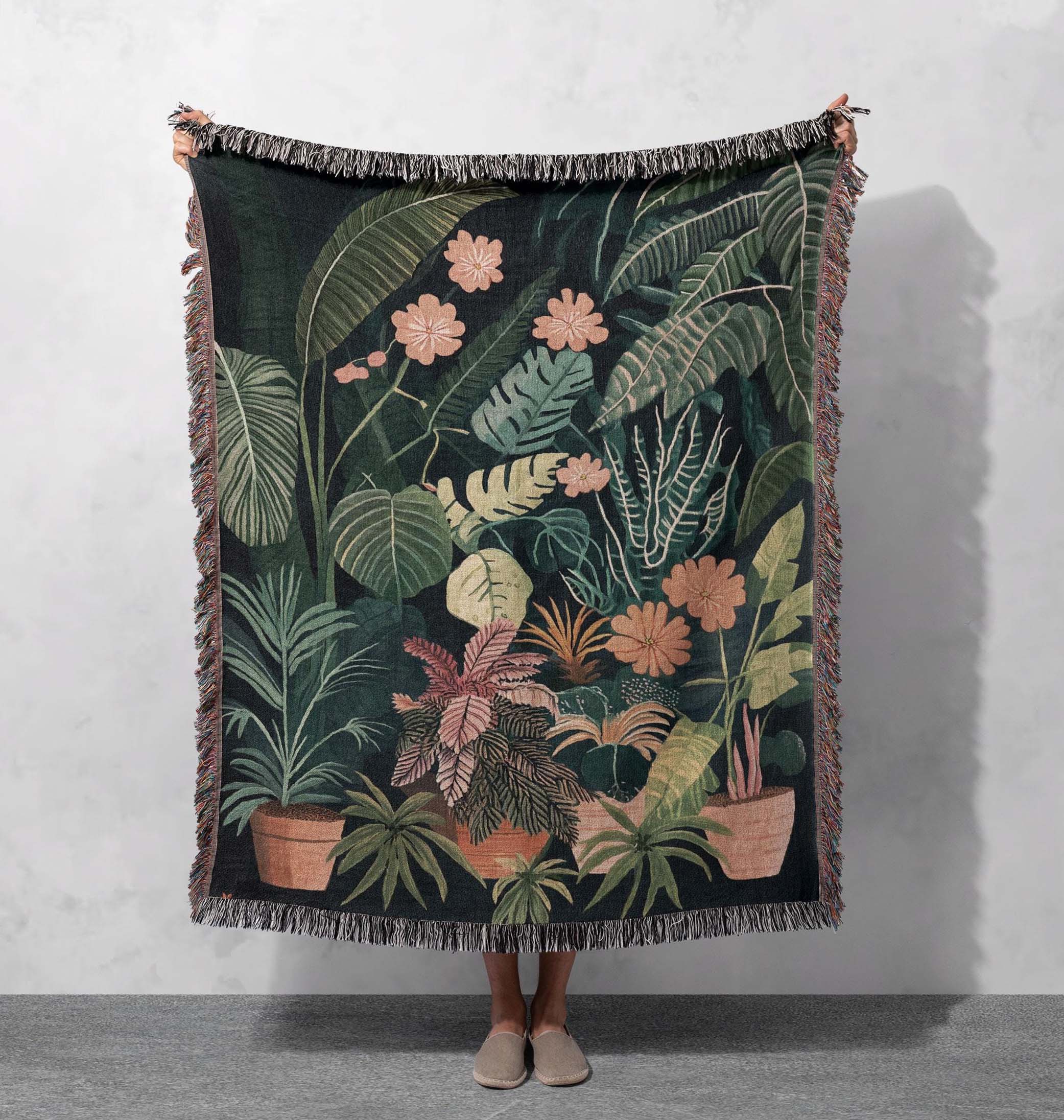 tropical plant woven blanket botanical jungle tapestry throw cottagecore blanket home decor