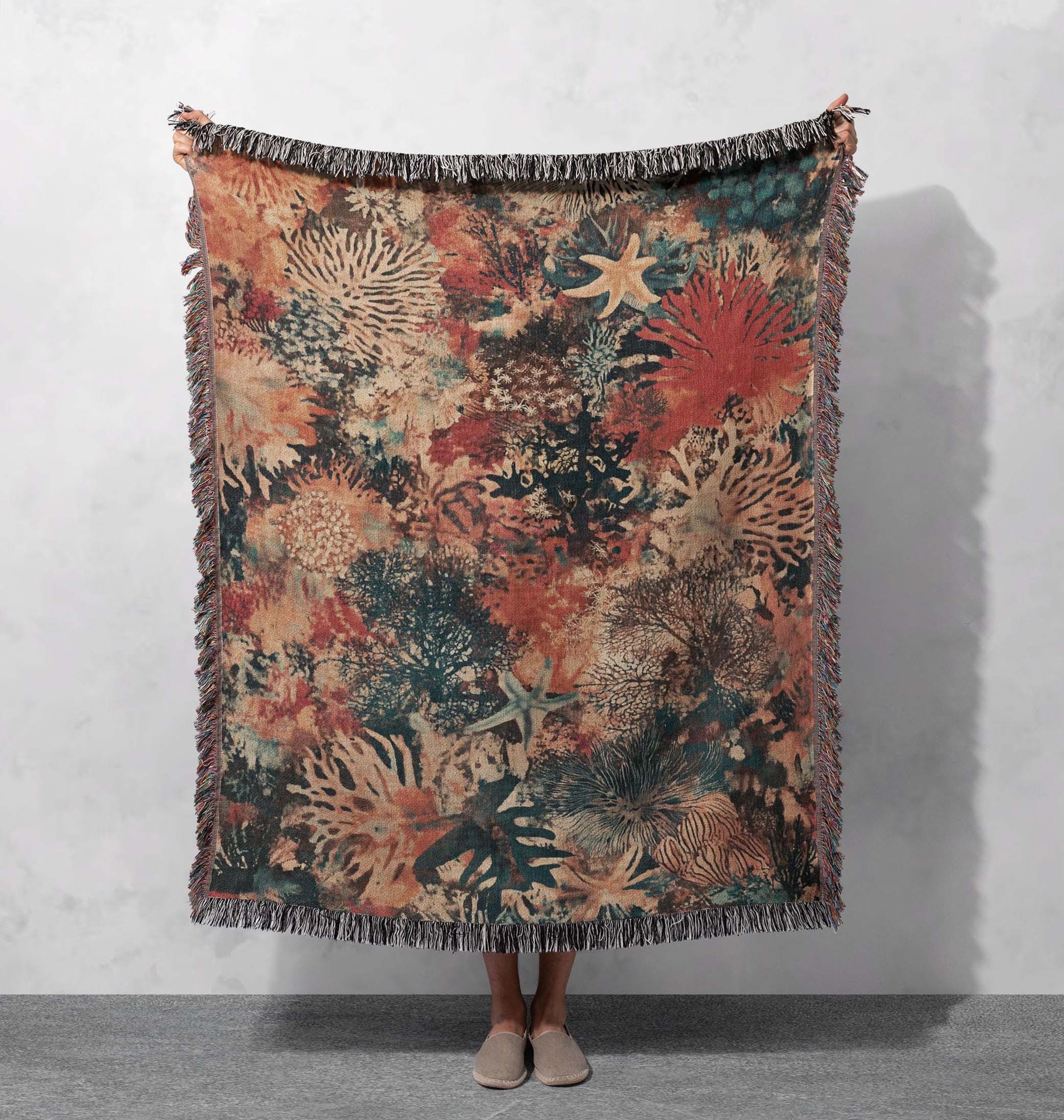 underwater coral reef woven blanket ocean inspired cozy throw cottagecore tapestry
