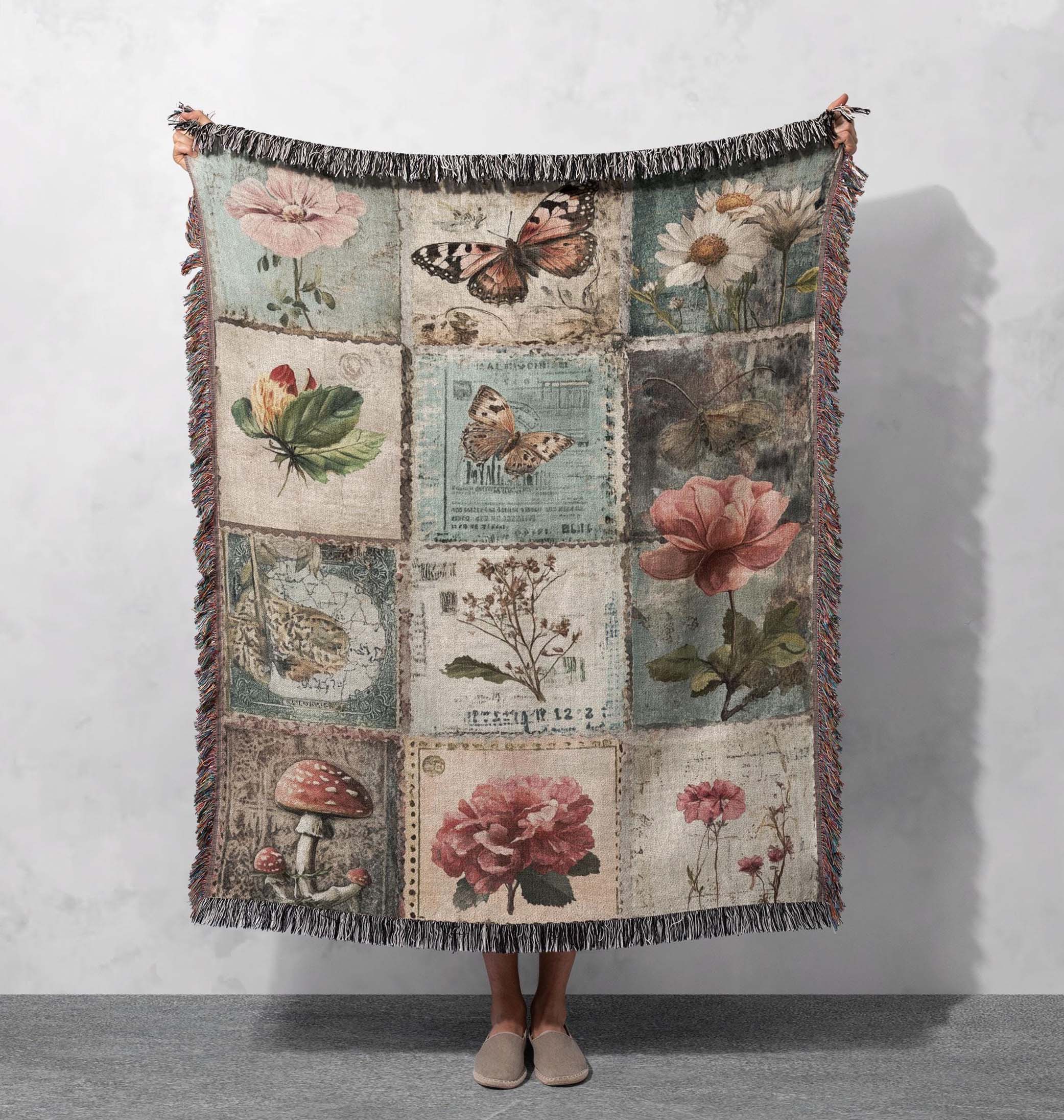 vintage botanical woven blanket cottagecore patchwork tapestry floral butterfly throw