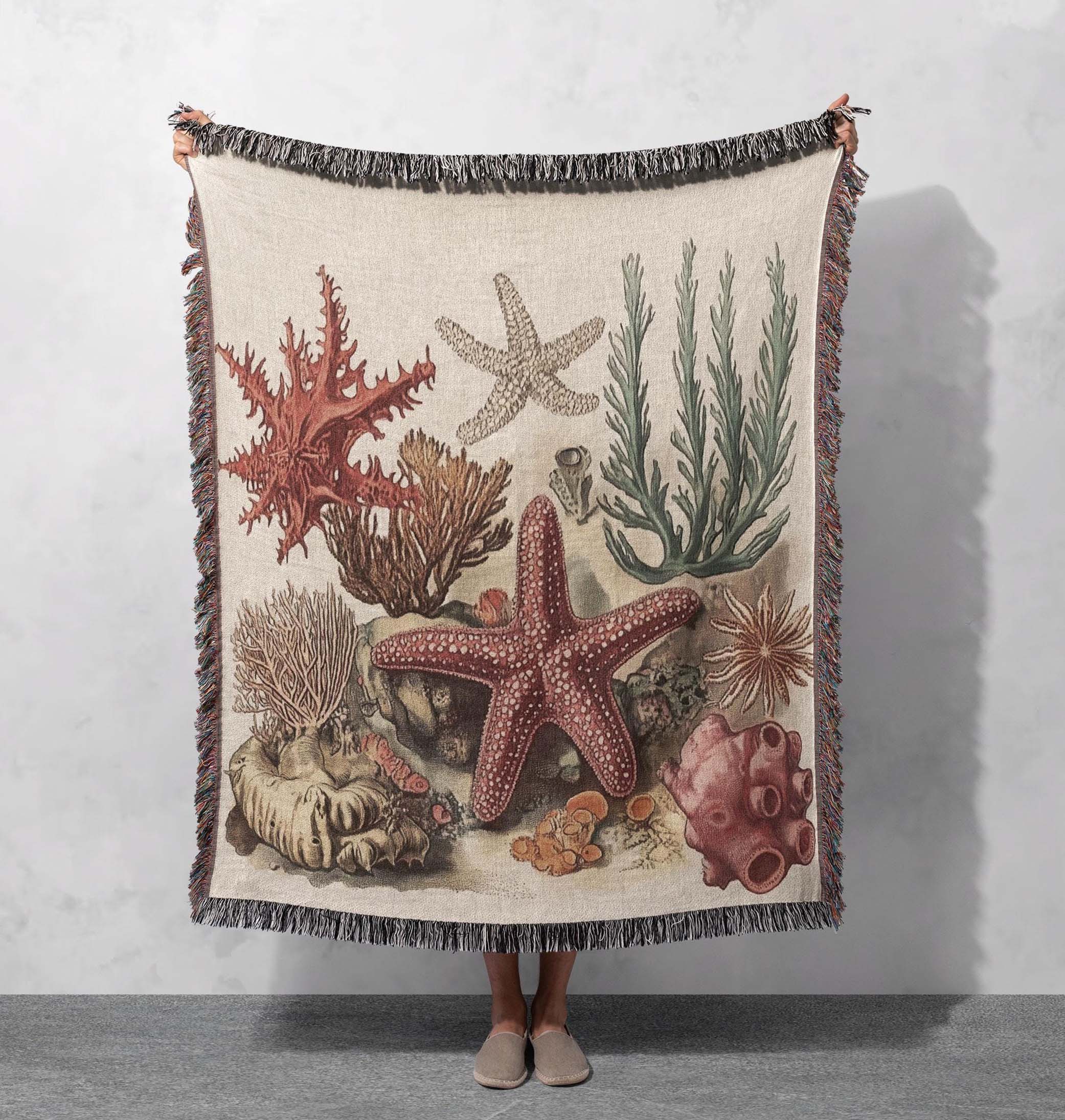 vintage ocean life woven blanket coastal marine home decor cottagecore tapestry