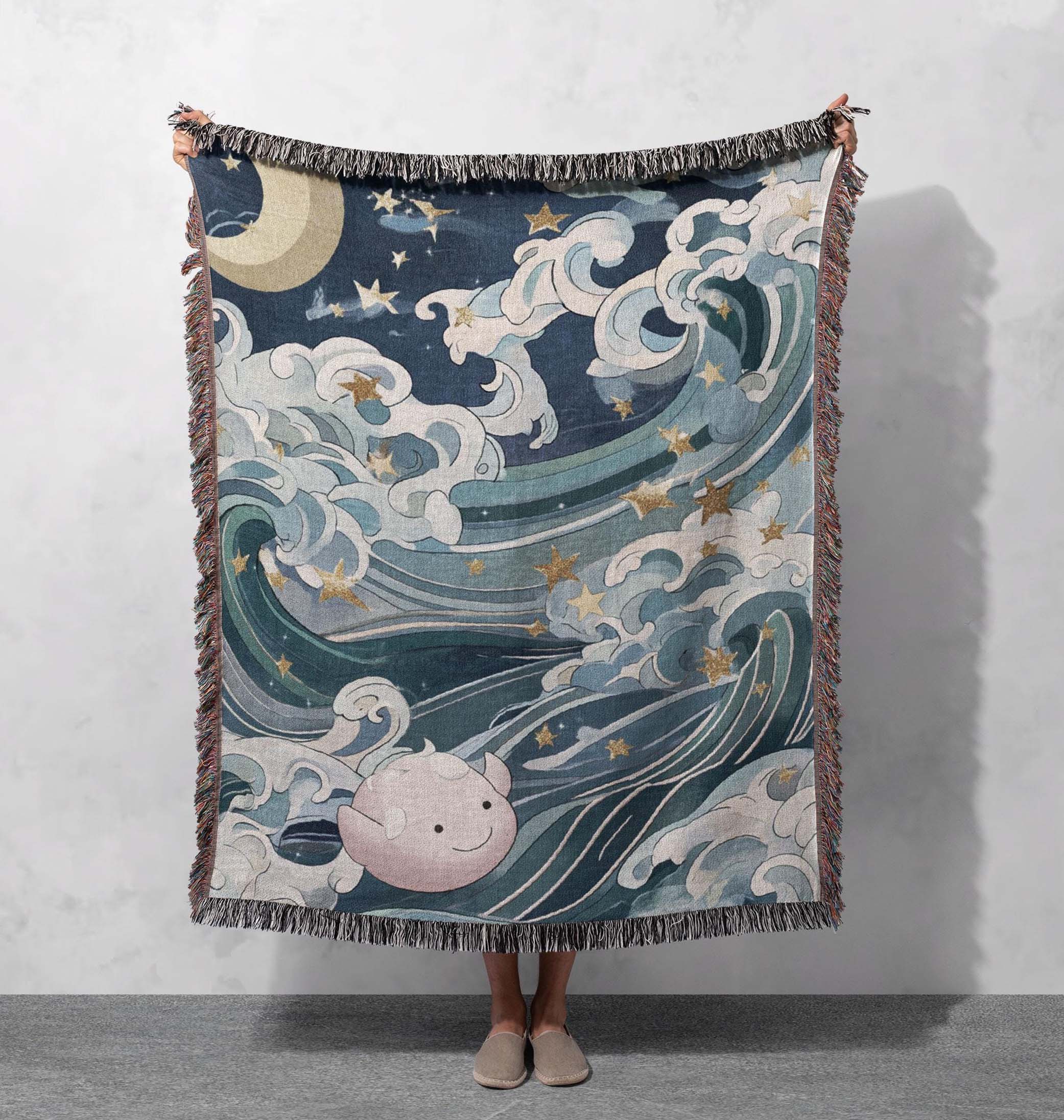 whimsical moon and ocean woven blanket cozy throw with waves stars and cute character for unique home decor cottagecore