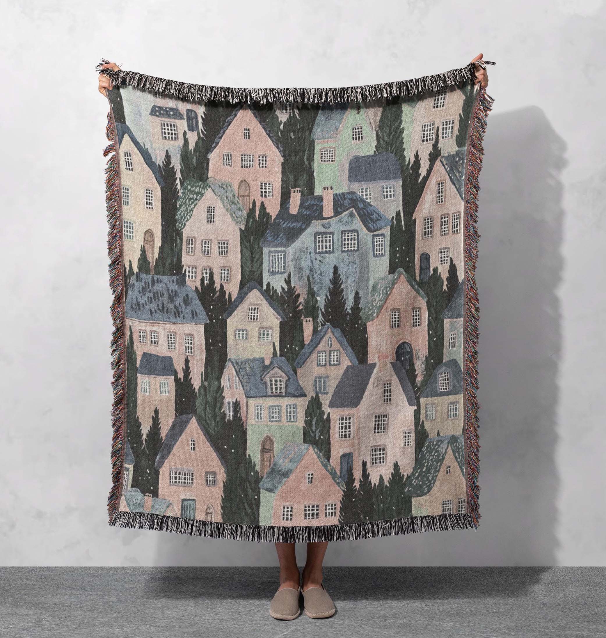 woven blanket with charming houses and forest design cottagecore tapestry