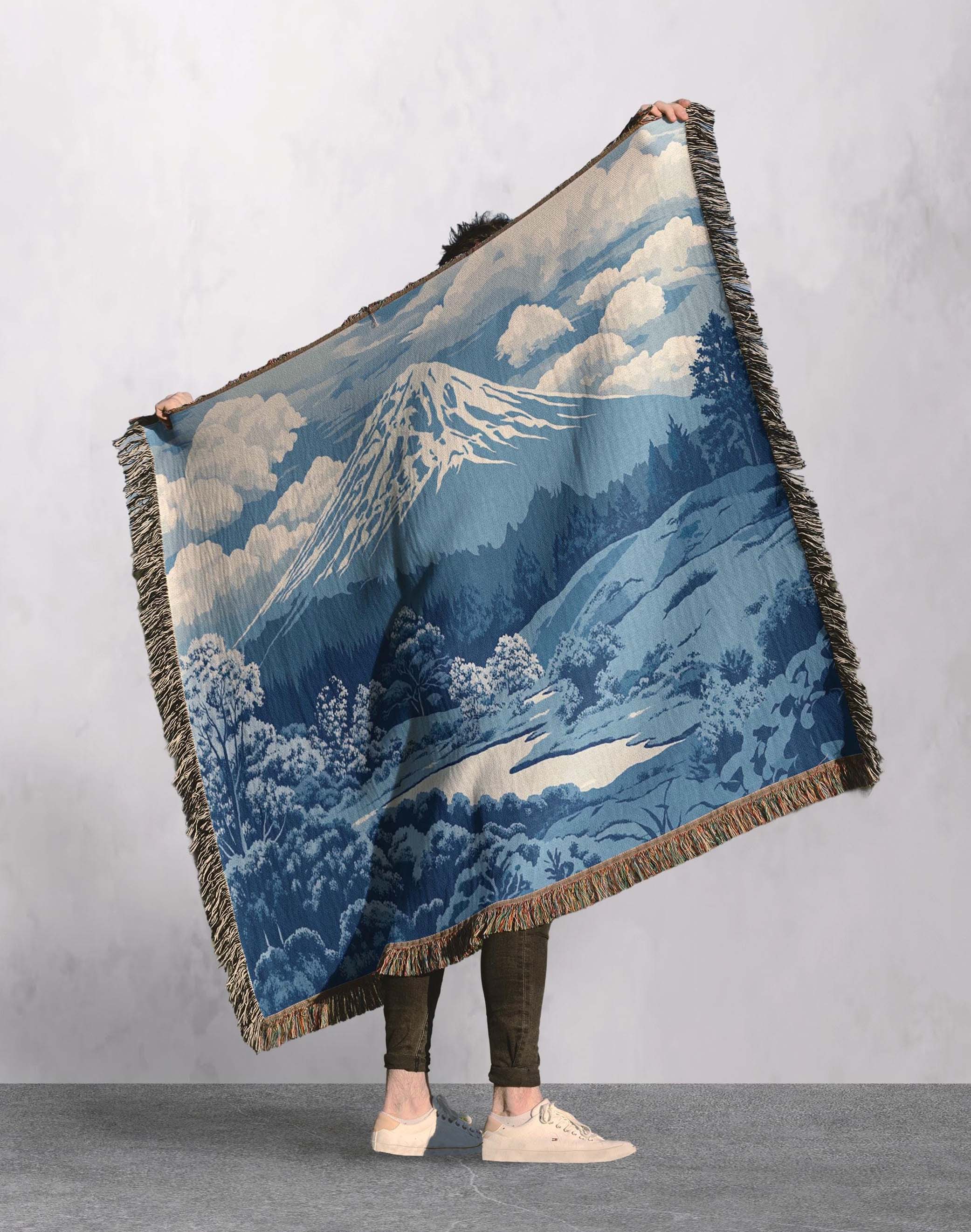 woven blanket with scenic mountain and cloud landscape cottagecore tapestry