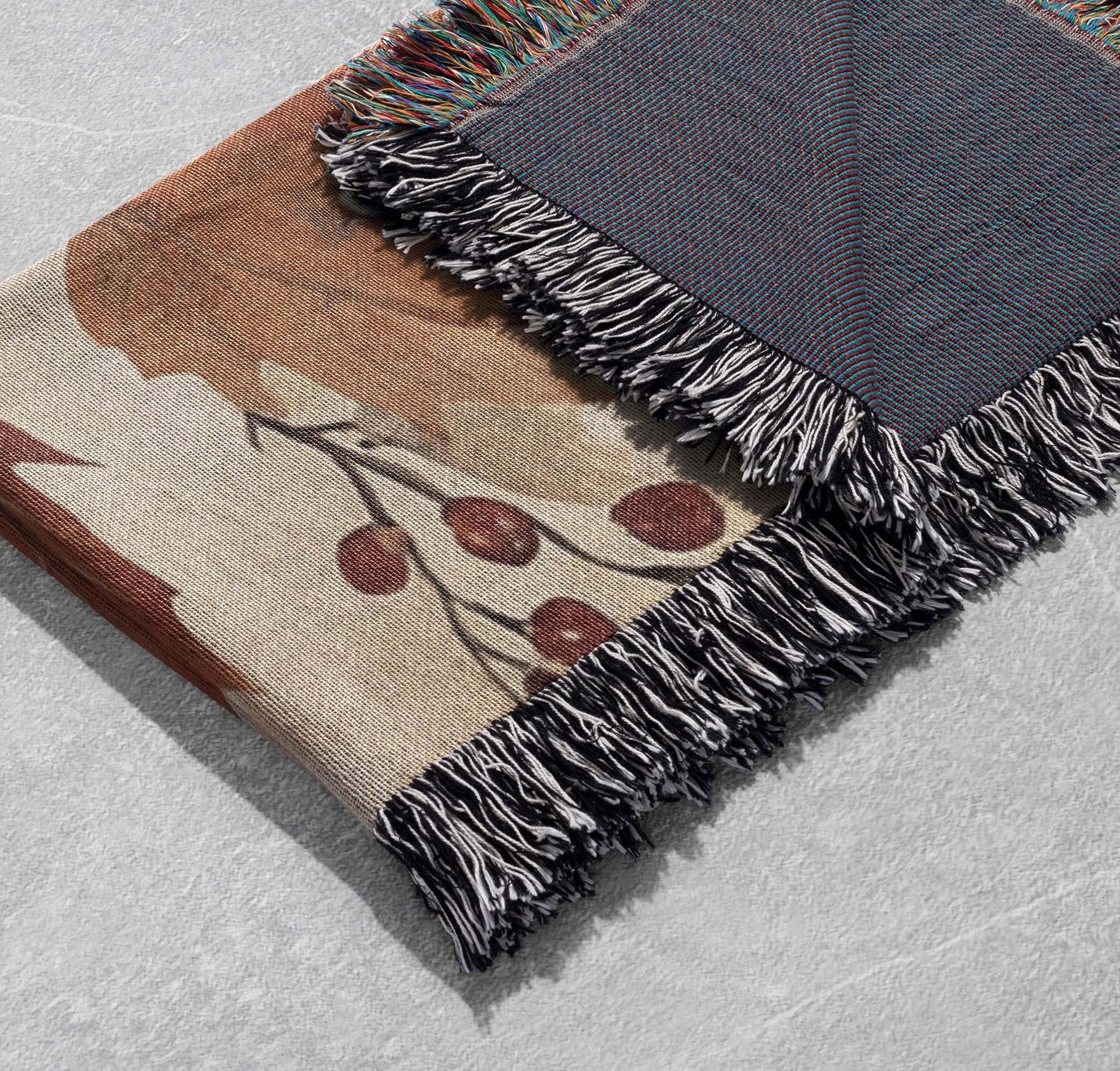 autumn leaves woven blanket with floral and berry design cottagecore tapestry