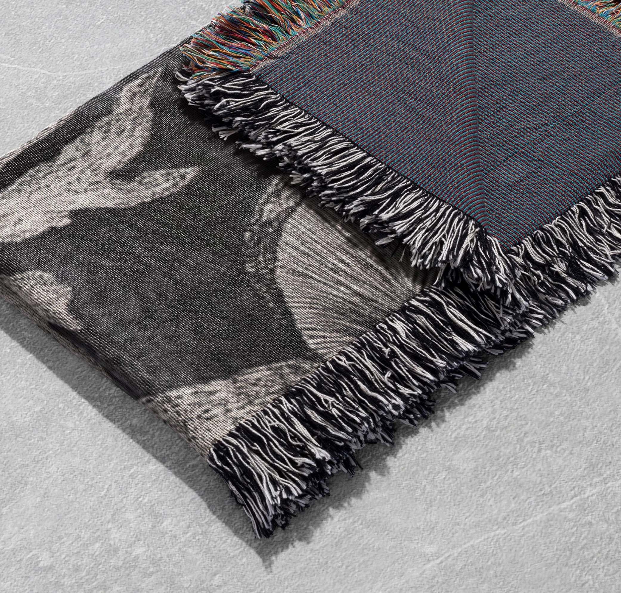black mushroom woven blanket vintage botanical fungi illustration throw blanket with fringe edges cottagecore tapestry