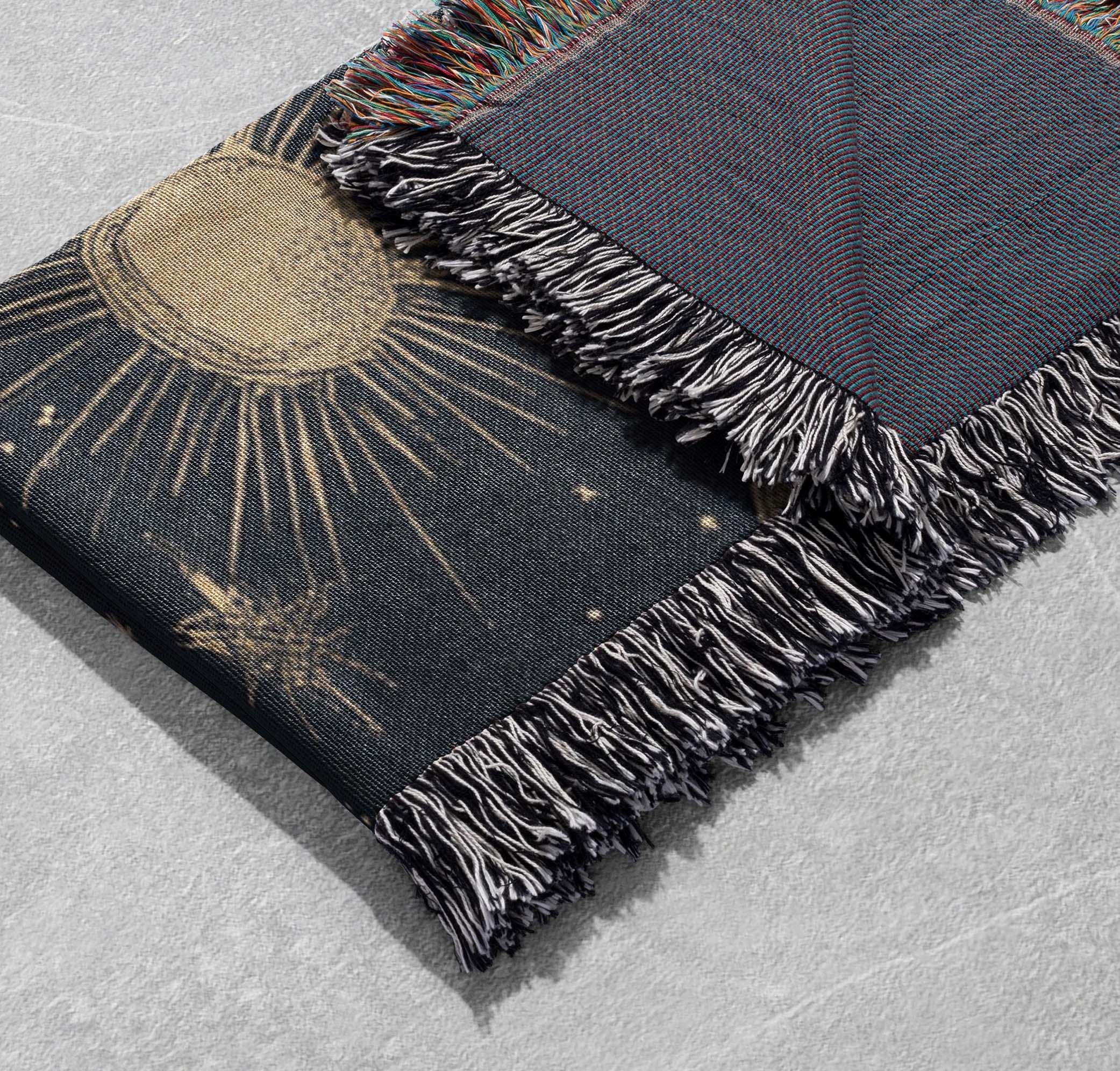 celestial moon and stars woven blanket with golden sun design cottagecore tapestry