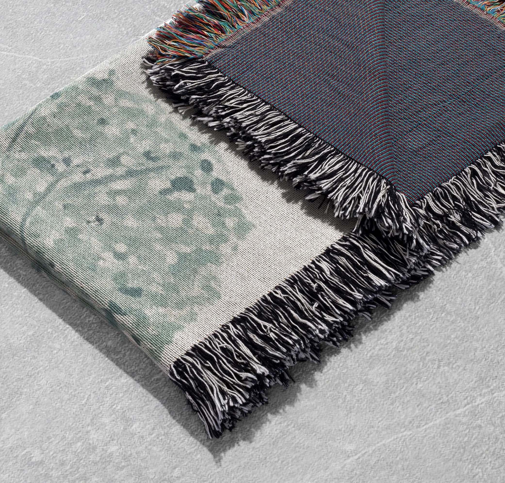 cozy woodland woven blanket dreamy forest scene with sleeping animals and fringe edges cottagecore tapestry
