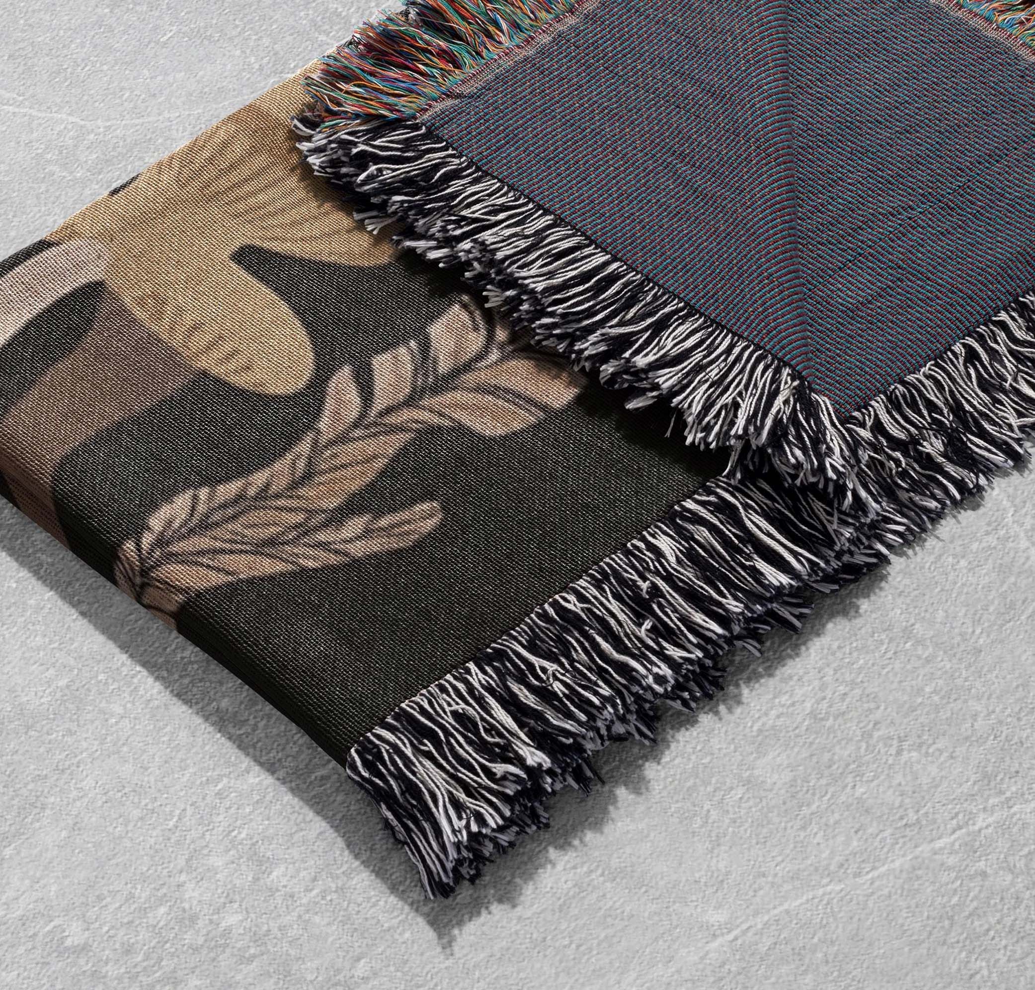 mushroom woven blanket earthy tones fungi design with fringe edges cottagecore tapestry