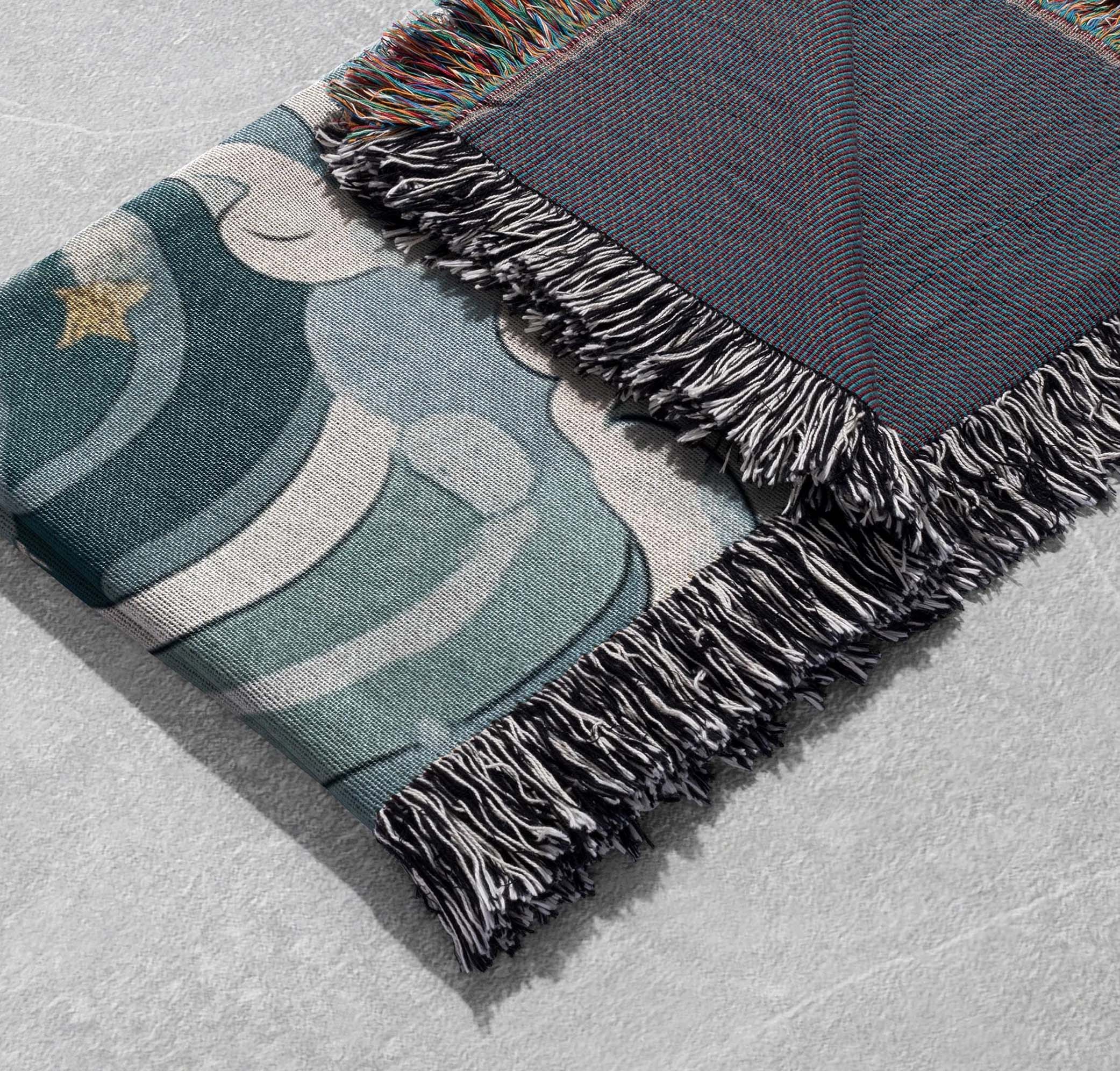 whimsical moon and ocean woven blanket cozy throw with waves stars and cute character for unique home decor cottagecore