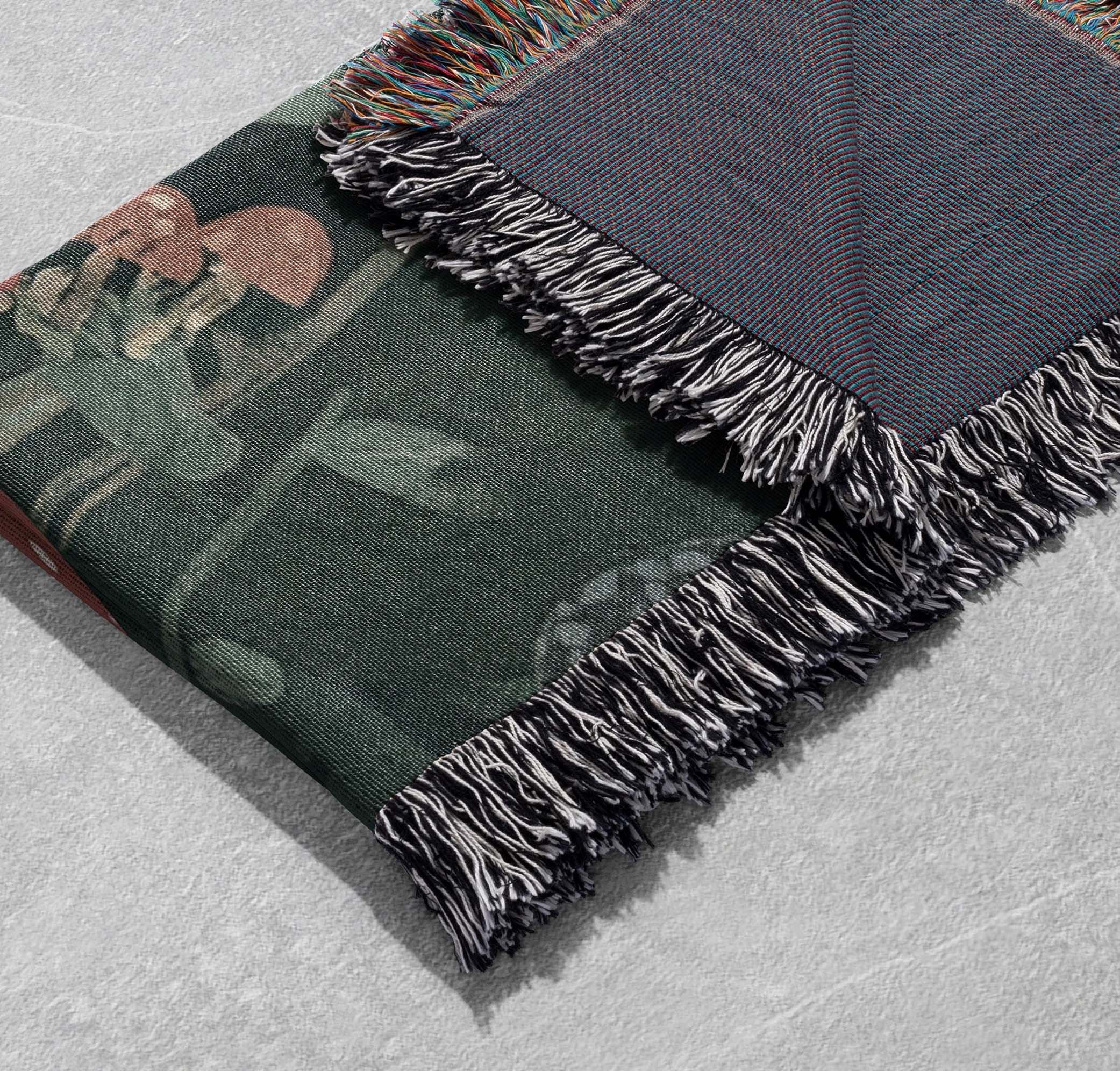 whimsical mushroom forest woven blanket enchanted woodland scene with frog and fireflies for cozy home decor cottagecore