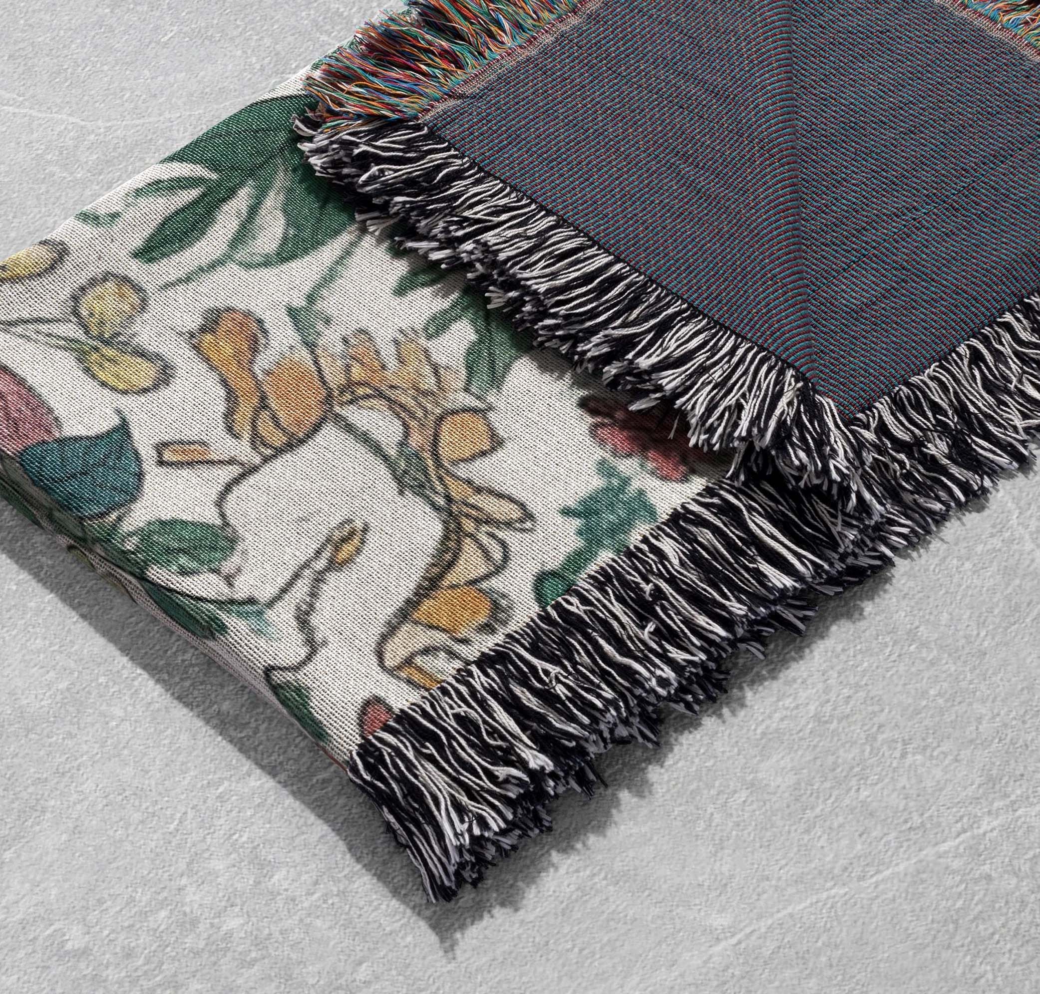whimsical nature woven blanket with colorful flora and fauna design cozy decorative throw for home and nature lovers tapestry