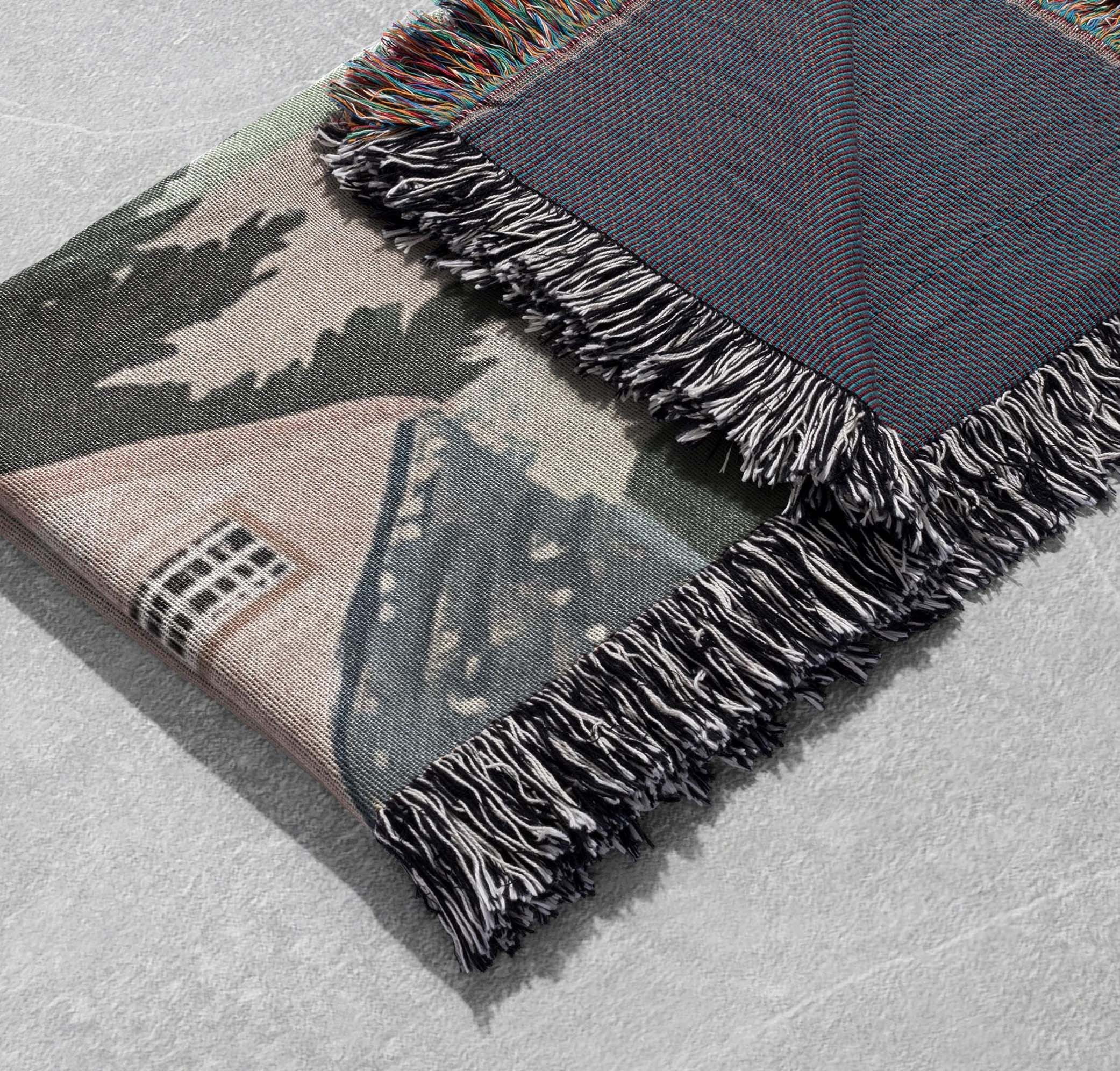 woven blanket with charming houses and forest design cottagecore tapestry
