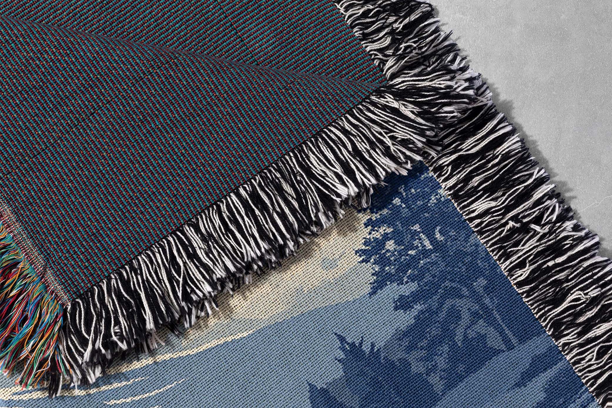 woven blanket with scenic mountain and cloud landscape cottagecore tapestry